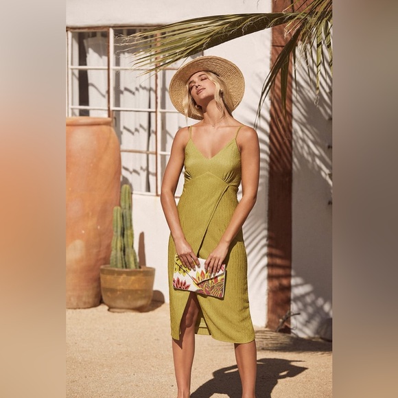 Lulus XS Tie-Back Faux Wrap Chartreuse Midi Dress - Picture 3 of 6